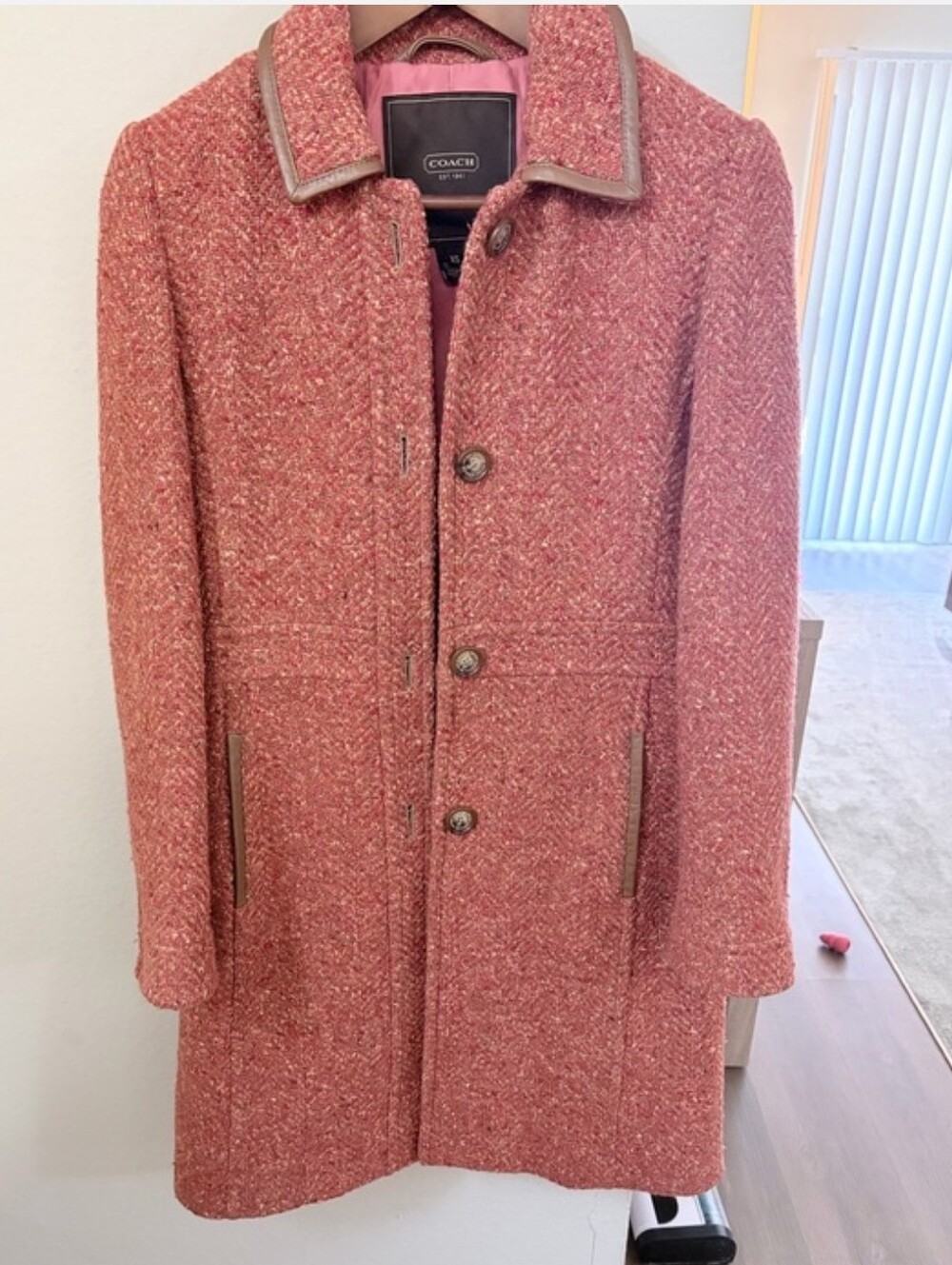 Coach Scaro Tweed Coat Womens XS Rose Herringbone Wool Leather Trim Topcoat